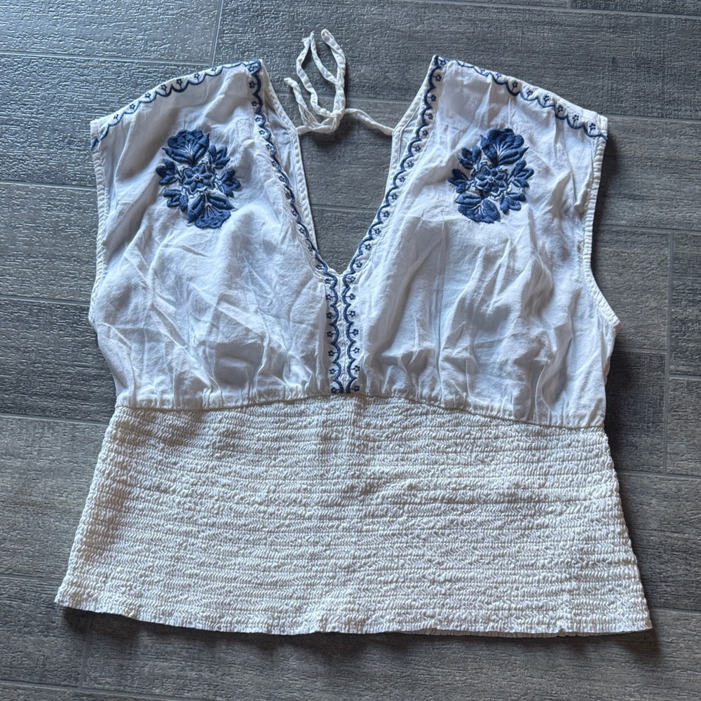 Embroidered White and Blue Women's Top